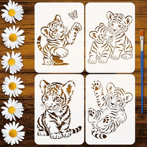 FINGERINSPIRE 4Pcs Pochoirs Tigre 21x29.7cm Avec Un Pinceau Pochoirs Tigre Mignons Réutilisables Format A4 Modèle de Dessin Thème Animal pour Artisanat sur...