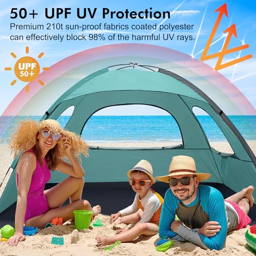 Image of WhiteFang Beach Tent Anti-UV Portable Sun Shade Shelter for 3 /4 /6 /8 Person, Extendable Floor with 3 Ventilating Mesh Windows Plus Carrying Bag, Stakes and Guy Lines
