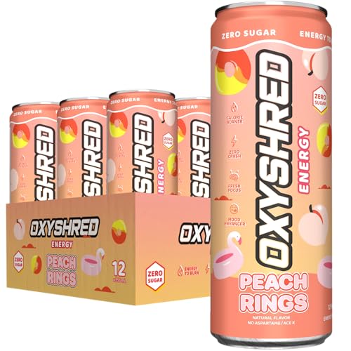 EHP Labs OxyShred Healthy Energy Drink - Zero Sugar Energy Drinks with Amino Acids, Green Tea Extract, Vitamin C & L Carnitine - Zero Carbs, Zero Calories, Clean Caffeine, Peach Candy Rings (12-Pack)