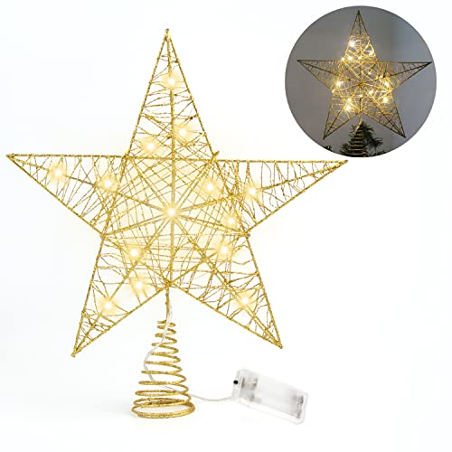 Ccinee Golden Christmas Tree Topper With Lights, 10 Inches Glittered Treetop Star Lighted Tree Star Topper For Christmas Tree Decorations Home Holiday Xmas Party Indoor Decor #TOP16
