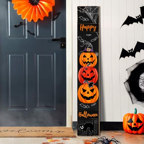 Halloween Porch Sign Happy Halloween Sign for Front Porch Scary Pumpkin Wooden Sign Yard Vertical Wood Sign Standing for Patio Front Door Porch Black Cat Witch Hat Decor for Holiday Home Party Wall Yard Indoor Outdoor Decoration 47x8 inch