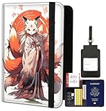 Passport Holder for Women Men, PU Leather Travel Passport Wallet and Luggage Tag Set, Waterproof Passport Case Book with Credit Card Slots, Passport Cover RFID Blocking，Anime Japanese Kitsune