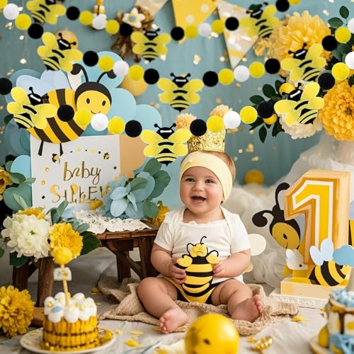 Image of 3 Pcs Honey Bee Decorations Bee Felt Garlands Pre-Strung Hanging Banner Bees Pom Pom Happy Bee's Day Party Supplies for Baby Shower Birthday Party