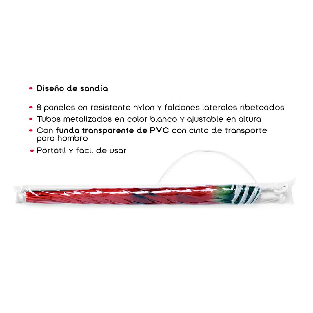 TIENDA EURASIA – Sombrilla Playa | Diseño de Sandía | 150 cm de Diámetro | Nylon | 8 Paneles Resistentes y Faldones Laterales | Tubos Metalizados en Color Blanco y Ajustable en Altura