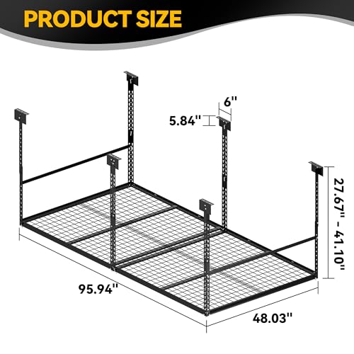 Image of 4x8 Ft Overhead Garage Storage Rack, 28-41 inch Height Adjustable Ceiling Mounted Organization Rack, 750 lbs Weight Capacity, 48 inchx96 inch Metal Rack for Garage Storage with Wire Decking