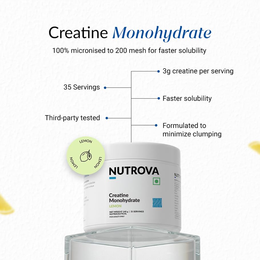 Image of NUTROVA Creatine Monohydrate (Lemon) | 100% Micronised | Boosts ATP | Third-Party Tested Batch by Batch | Supports Strength, Recovery & Brain Energy | 0 Calories | 35 Servings | 140g