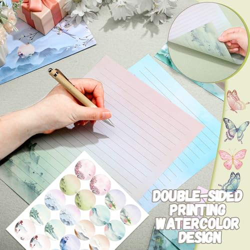 Image of TaoBary 160 Pcs Ink Painting Stationery Paper and Envelopes Set 50 Double Sided Lined Stationery Paper with 50 Matching Envelopes and 60 Round Dot Sticker 8.5 x 11'' Letter Writing Kit, 10design