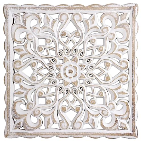 Decoración de pared de madera, arte de pared de madera tallada hueca floral vintage, panel decorativo de 12 x 12 x 0, 5 pulgadas con diseño de mandala para pasillo, dormitorio y sala de estar con