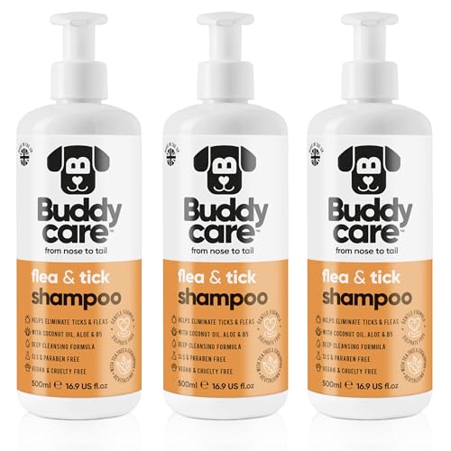 Floh- & Zeckenhundeshampoo von Buddycare - Beseitigt Flöhe, Zecken & Milben - Tiefenreinigungsshampoo für Hunde, Flohshampoo mit Teebaumöl & Eukalyptus für Hunde (500ml x3)