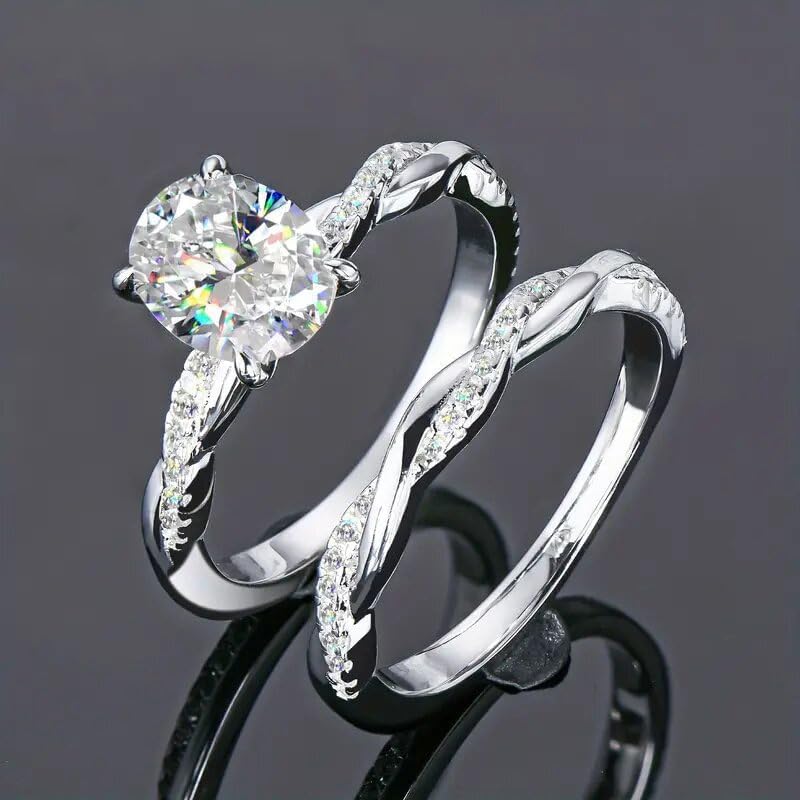 Gixaxak 2PCS Oval Shaped Engagement Rings for Women Twisted Vine Moissanite Sterling Silver Rings with 18K White Gold Plated Cubic Zirconia Wedding Rings Promise Rings Set for Her 8 - Image 2