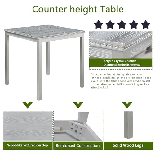 Image of KEIKI 5-Piece Counter Height Dining Table Set with Square Table and 4 Upholstered Chair, for 4 Person, Modern Crystal Decoration Wooden Table Set, Easy Assembly, for Kitchen, Dining Room, Silver Grey