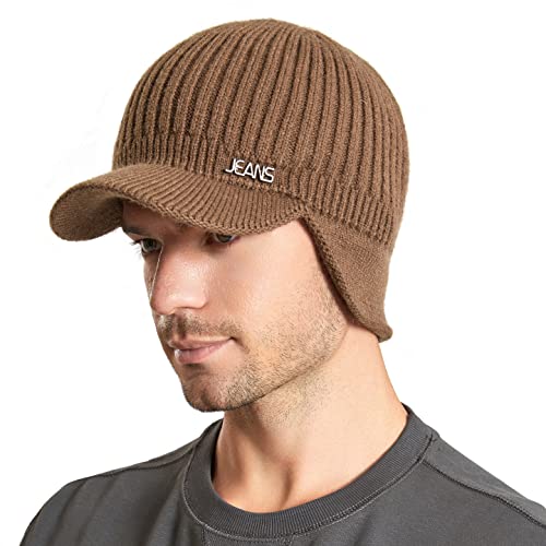 Muryobao Mens Winter Beanie Visor Hat Warm Knitted Brim Hat Thick Knit Earflap Baseball Cap for Outdoor Sport