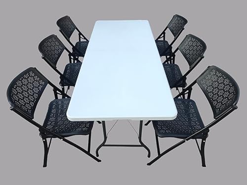 Amaze Folding Garden Restaurant Food Parlor Ice Cream Parlor Cafeteria Farm House Canteen Catering Home Household Dining Table+6 Chairs Set (6' X 2.5') (Color-White & Black)
