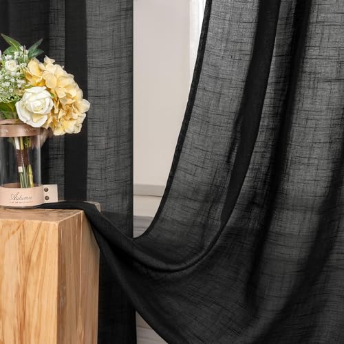 Cortinas de lino translucido 140x215cm negro de visillo Miulee para salon y dormitorio paquete de 2 6