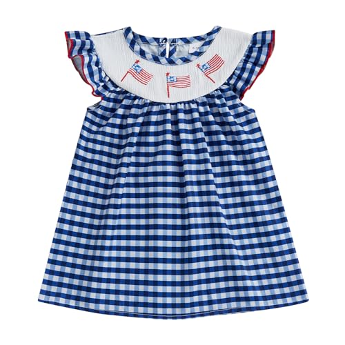 Ursobutegl Toddler Baby Girls 4th of July Outfit Embroidery American Flag Striped Sleeveless Dresses Independence Clothes (Blue, 2-3 Years)