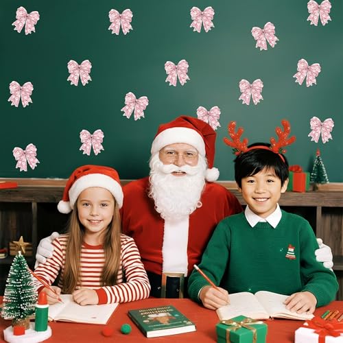 Image of Christmas Snowman Pink Bow Cutouts - 100Pcs Winter Glitter Bow Snowman DIY Paper Cuts Party Decors Bowknot Shape Cutout Bulletin Board for Winter Xmas Birthday Party Classroom Home Decoration