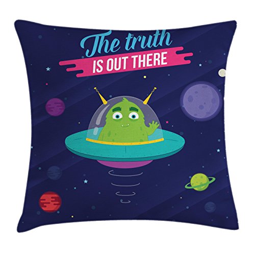 Lunarable Outer Space Throw Pillow Cushion Cover, Truth Phrase Monster Waves Spaceship Imagination E.T. Cartoon Print, Decorative Square Accent Pillow Case, 26