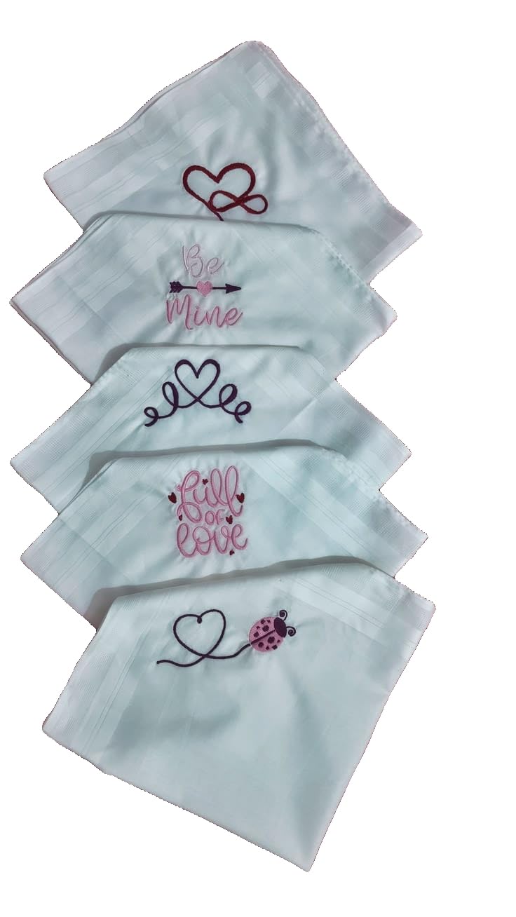 Shree adodhya Pack of 5 Hand-Embroidered Cotton Handkerchiefs for Women, Romantic Heart & Love Motifs, Soft Premium Pocket Hankies Gift Set for Valentine's Day, Anniversary, Bridesmaids-image-49