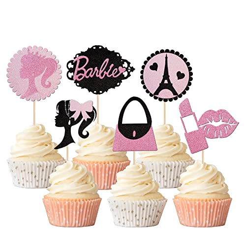 Xsstarmi Paquete de 24 adornos para cupcakes de niña rosa y negra con purpurina para labios, lazo,...