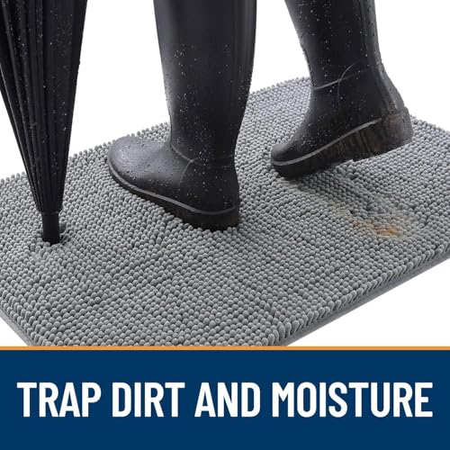 smiry Door Mat, Super Absorbent Chenille Dog Door Mat, Washable Non Slip Door Matts Indoor, Soft Microfiber Pet Rug and Bath Mat for Entrance Kitchen Muddy Shoes & Paws - Grey, 43 x 76 cm - Image 3
