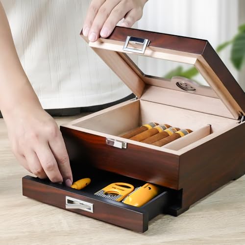 Bald Eagle Cigar Humidor, Handmade Box with Humidifier Hygrometer, Cedar Wood Glass Top Case with Accessories Drawer, Hold 30-35 Cigars - Image 2