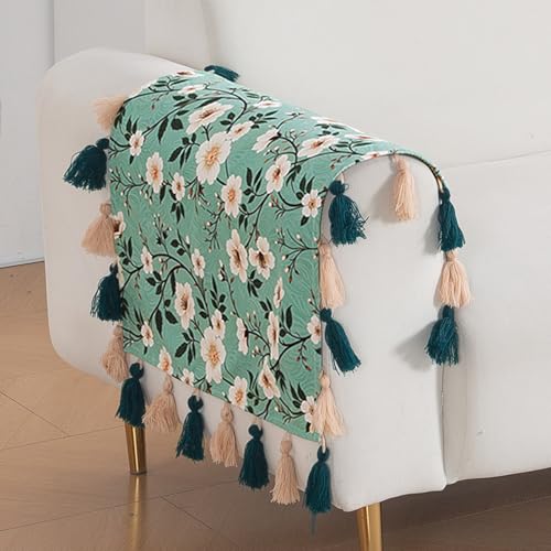 Image of HOKIPO Premium Sofa Armrest Cover (1 Pair) | Printed Holland Velvet with Tassels | 'Whispers of Nature' Sage Floral Vine (IN-1115-D8*2SM)