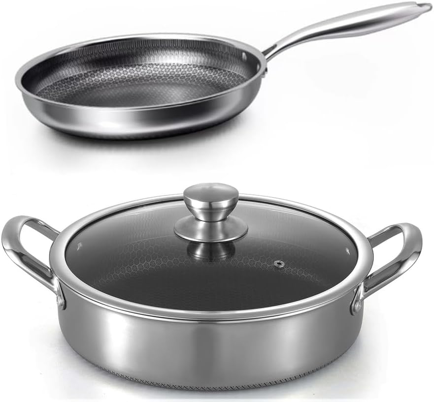 Hybrid Stainless Steel Cookware Set-6QT Sauté Pan with Lid,10 Inch Nonstick Frying Pan,Induction Compatible,PFOA Free,Dishwasher & Oven Safe