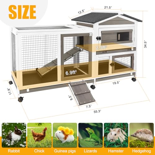 Petscosset Rabbit Hutch Indoor And Outdoor 2-Story Rabbit Cage With Pull Out Tray,Fir Wood Pet House With Wooden Ramp,Waterproof Bunny Cage Indoor With 2 Asphalt Roofs,Grey thumb #5