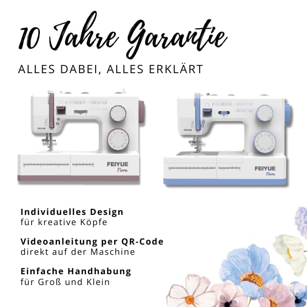 FEIYUE Flora Rosé Nähmaschine, 34 Stiche, LED, Freiarm, 38×16×28 cm, 6,4 kg, 100 W Servo, Elektrisch