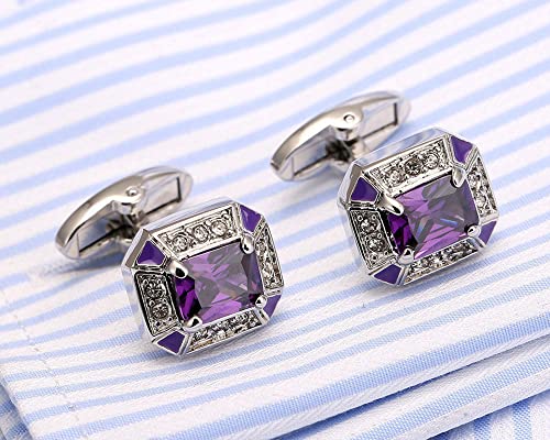 Rectangle Crystal Silver Tone Cufflinks for Men Purple/Blue/Transparent Crystals Men's Cuff Link Set for Wedding Shirt Party Business Birthday Anniversary Dress2