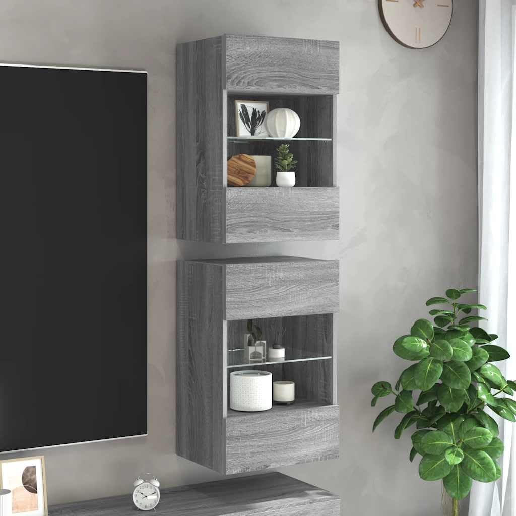Homgoday TV-Wandschränke mit LED-Leuchten 2 STK. Schrankwand Fernsehschrank mit viel Stauraum, Anbauwand Wandmontage TV Möbel für Wohnzimmer Schlafzimmer Grau Sonoma