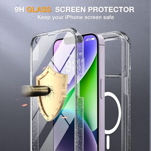Image of Miracase Glass Series Designed for iPhone 14 Plus Case 6.7 inch, 2023 Upgrade Full-Body Magnetic Clear Case with Built-in 9H Tempered Glass Screen Protector,Compatible with MagSafe,Clear Glitter