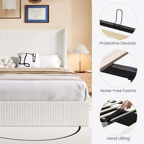 Image of SHA CERLIN Full Lift Up Storage Bed Frame, Upholstered Corduroy, White