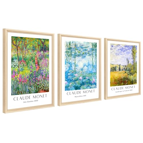 3Pcs Cadre en bois Impression sur Toile Claude Monet Nymphéas Tableau Peinture Classique Impressionniste Vintage Botanique Tableau Decoration Murale Salon Chambre...