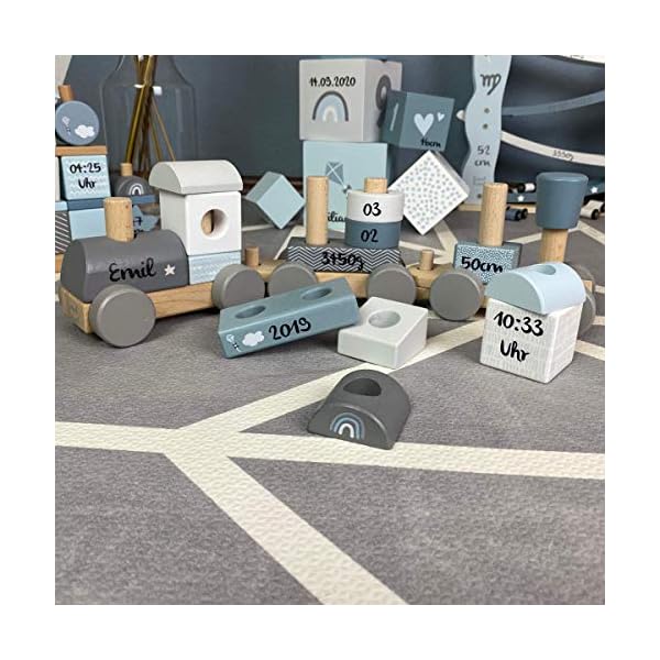 KIDSLINO Holz Eisenbahn blau - personalisierbar I Geschenk zur Geburt Jungen I Handmade Holzspielzeug mit Steckformen I… – Bild 10