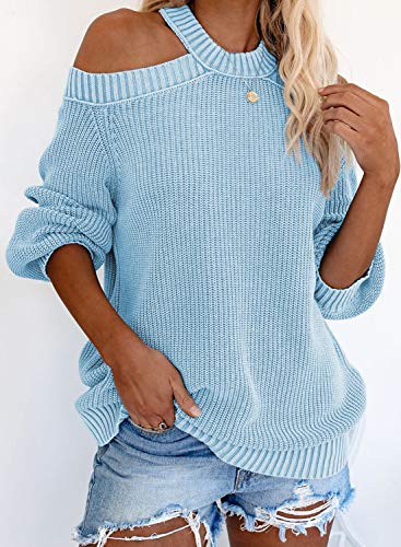 FARYSAYS Women's Autumn Winter Cold Shoulder Sweater Long Sleeve Back Cut Out Casual Loose Knitted Pullover Sweater Tops Blue Small