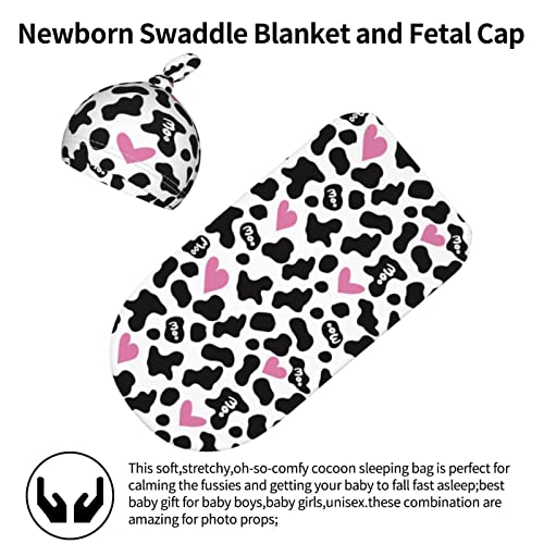 Cow Print Pink Heart Baby Stuff Newborn Swaddle And Hat Set Stretchy Soft Funny Baby Receiving Blanket Gifts For Infant Baby Boy Girl #TOP6
