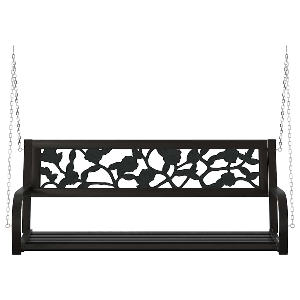 SYDE Banco Columpio de Jardín 125 cm Acero y Plástico Negro | Resistente a la intemperie, reposabrazos amplios, respaldo con estampado de rosas, cadenas incluidas