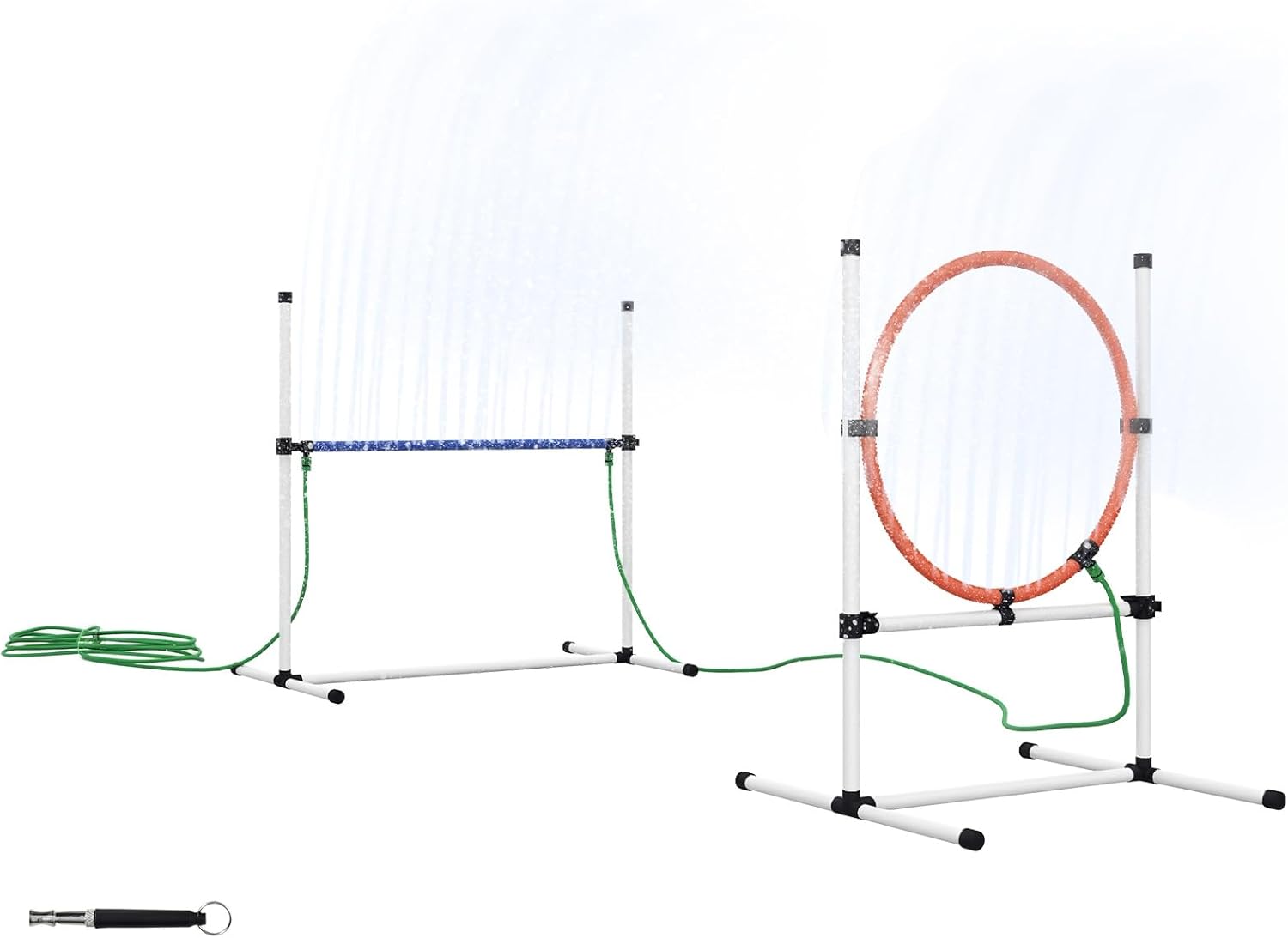 PawHut 3 Piece Dog Agility Training Equipment Set with Spray Water Tube, Dog Obstacle Course with Adjustable Height Jumping Ring and Hurdle, Carry Bag, Whistle, White