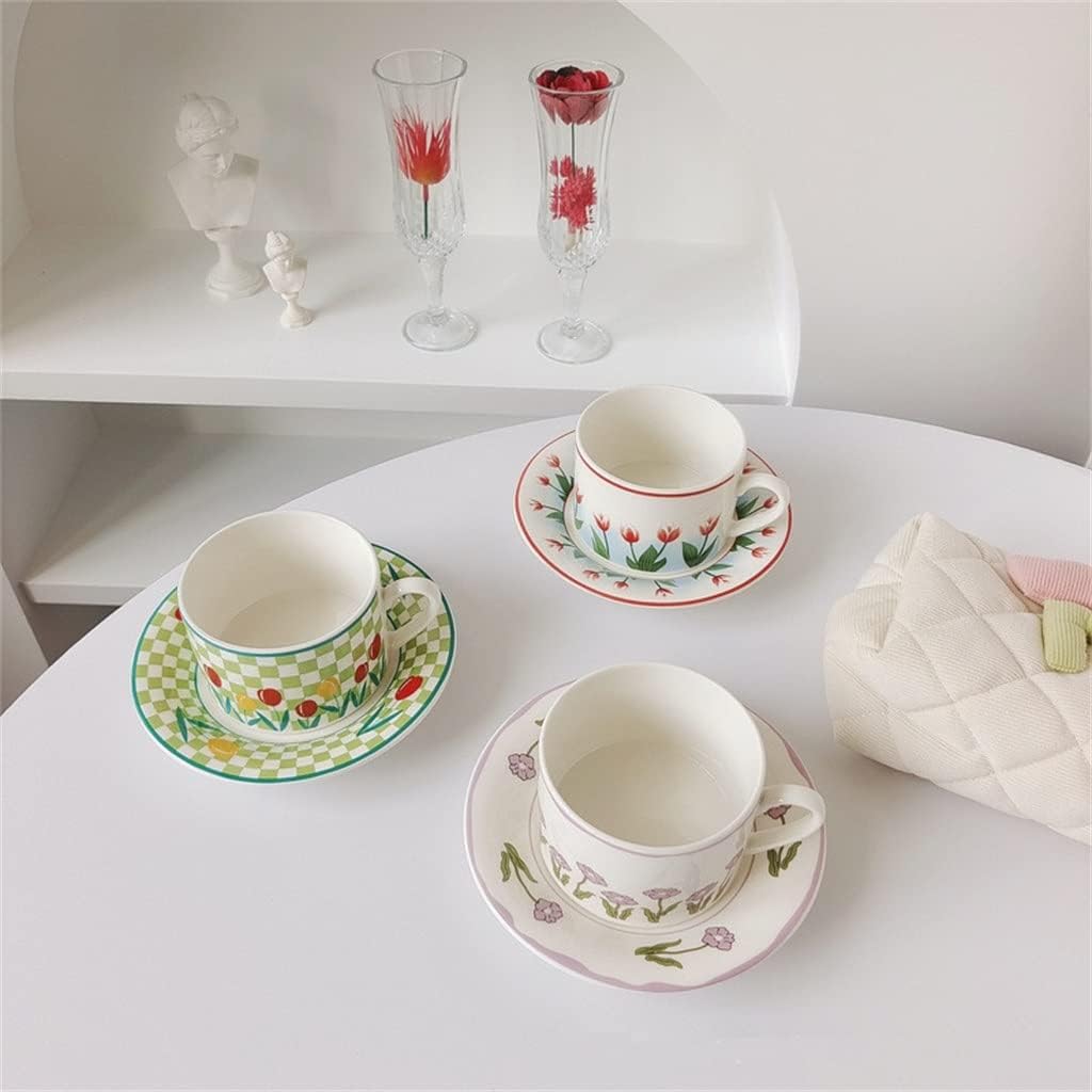 Cute Life Retro Flower Reusable Ceramic Coffee Cup Saucer Kitchen Breakfast Dessert Milk Tea Set(Black)