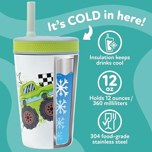 Image of Nuby Thirsty Kids Flexstraw Stainless Steel Insulated Toddler Cup - 12 oz | Leak-Resistant Silicone Straw - Easy-Clean Valve and Capacity - Travel Cup - Monster Trucks
