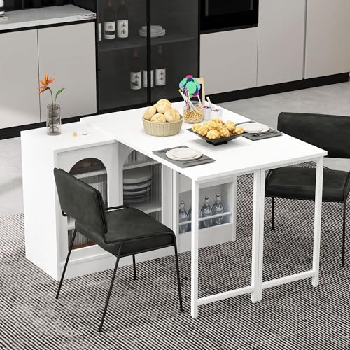 Mesa de Bar Moderna Extensible giratoria 360° mesas Reversible para Sala de Estar Comedor Cocina Cafetería Muebles aparador con Puerta de Vitrina Credenza White