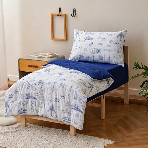 Image of Wellboo Aircraft Toddler Bedding Sets for Girls Boys Cute Cartoon 4 Pieces Soft Crib Bed Set Including Comforter, Sheets and Pillowcase Kids Cars Blue White Quilt Children Tank Plane Pattern Bedding