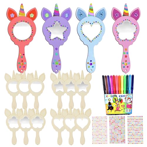 KIKVTER Einhorn Basteln, 12 Stück DIY Holzspiegel Handwerk für Kinder, Einhorn Bastelset Kindergeburtstag, Unfertige Holzspiegel Handwerk für Kinder, Kindergeburtstag Mitgebsel Geschenk Party