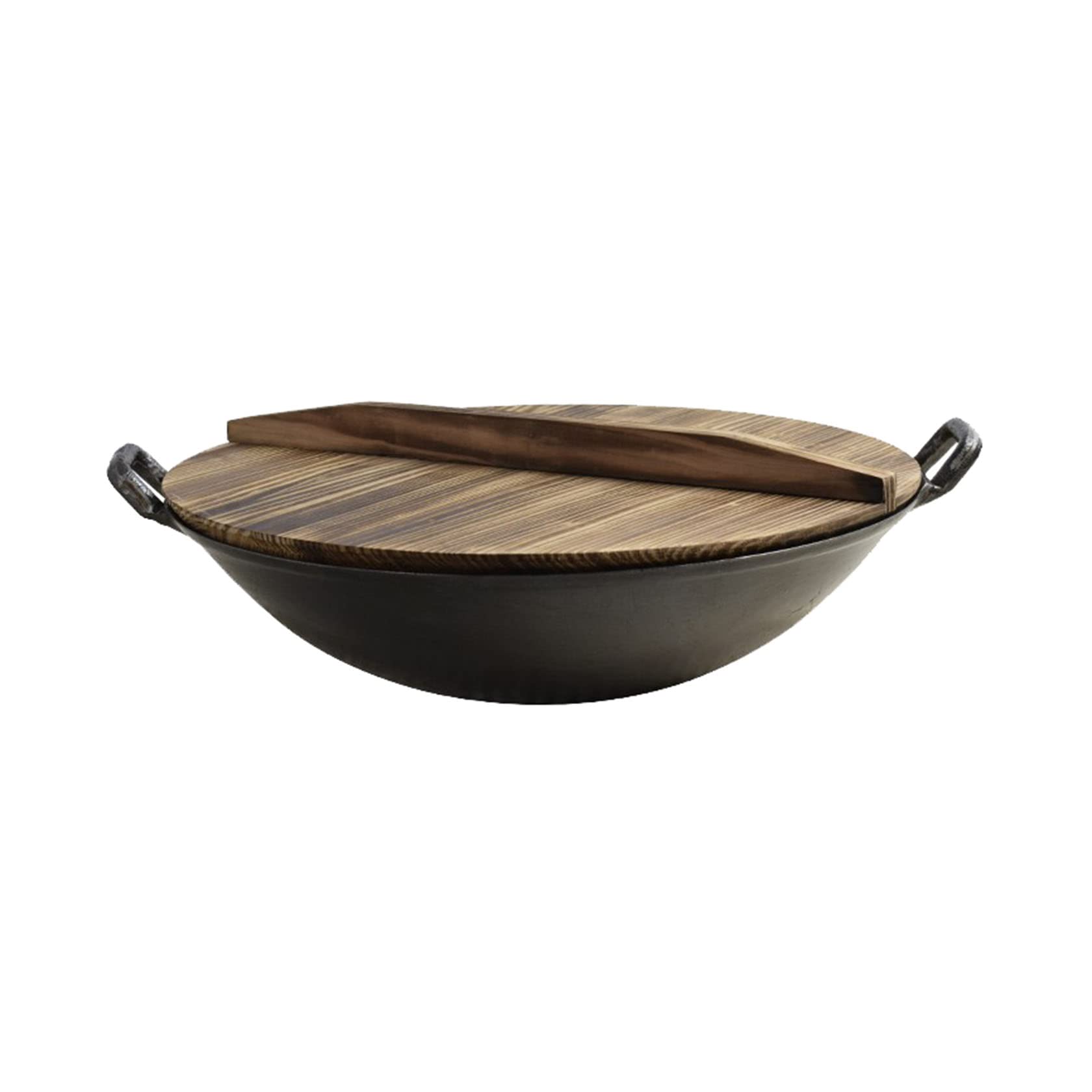 Wok in Ferro con Coperchio in Legno, Fornello Esterno Pentola in Ferro da Cucina per Uso Domestico,φ44cm