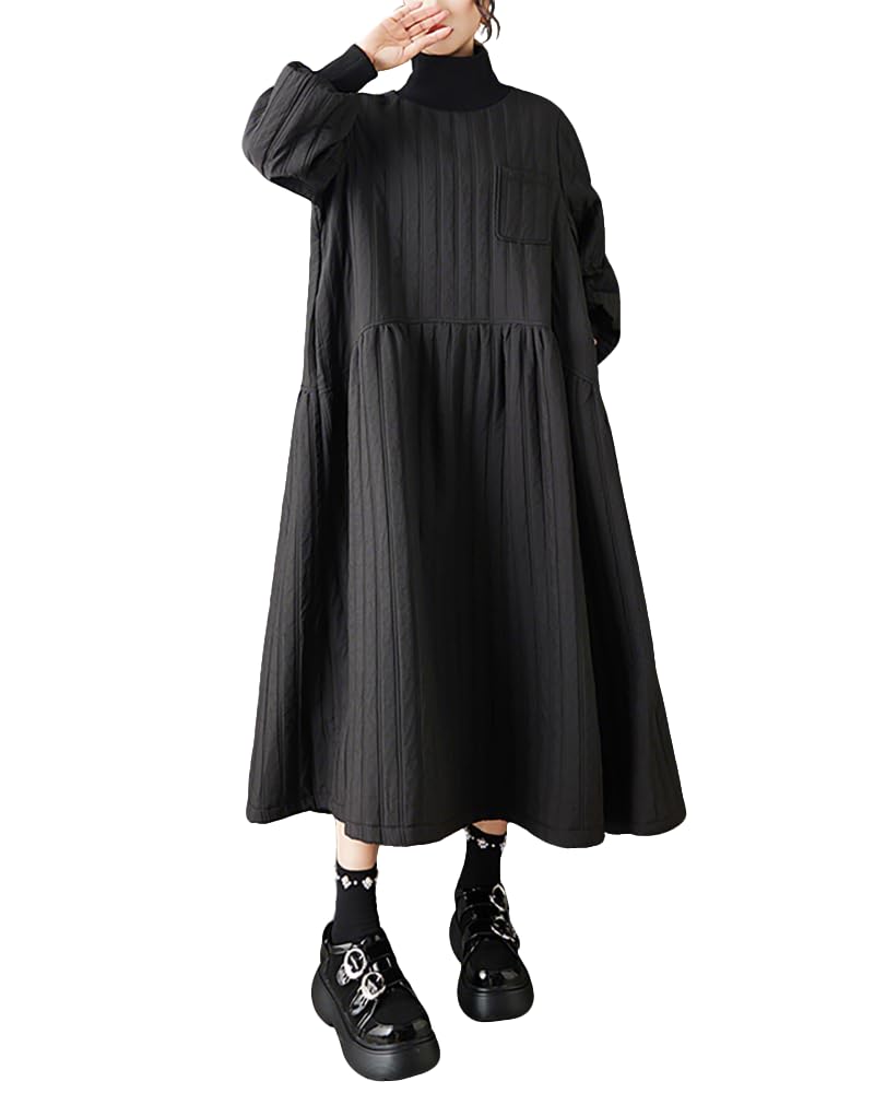 ellazhu Women's Oversized Quilted Turtleneck Maxi Dress Long Sleeve A Line Casual Gothic Dark Academia Streetwear GZ844 A