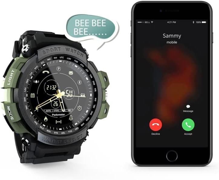 LOKMAT MK28 Smartwatch next to a smartphone displaying an incoming call notification from 'Sammy'.