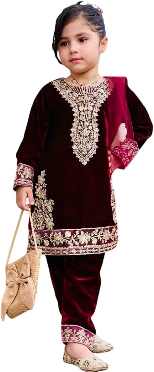 Girls Salwar Suit With Round Neck Embroidery Sequence Work | Readymade Indian Kids Ethnic Salwar Suit For girls