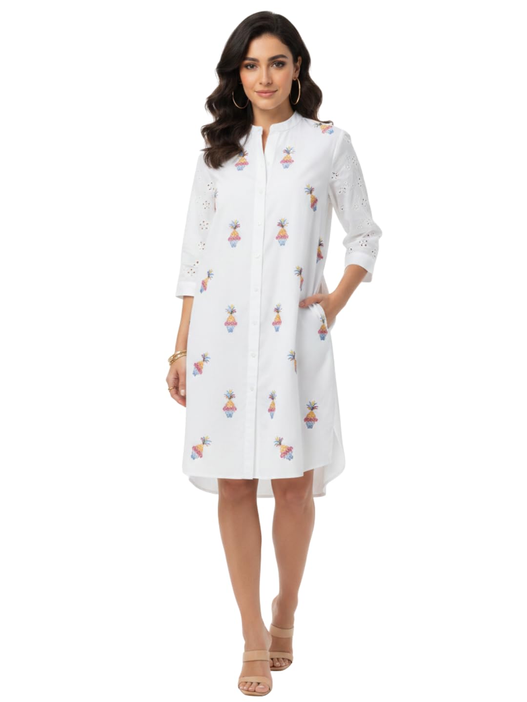 Women's 100% Pure Cotton White Embroidered A-Line Dress | V-Neck 3/4 Schiffli Sleeve Knee-Length Dress | Pretty Dress for Casual, Daily & Vacation Wear-image-29