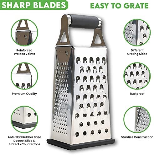 K BASIX 4 Sided Box Grater, Cheese Grater & Shredder, Stainless Steel, Large Grating Surface with Razor Sharp Blades, Perfect to Slice, Grate, Shred & Zest Fruits, Vegetables, Cheeses & More